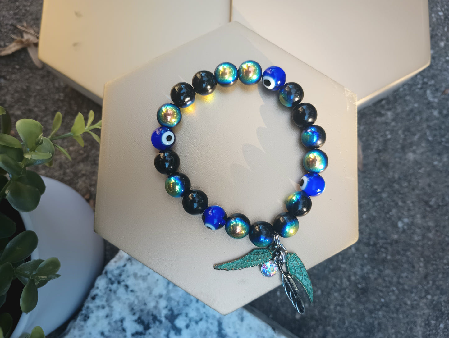 Evil eye fly beaded charmed bracelet