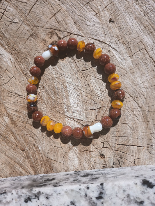 Caramel Brown and yellow rondelle beads mushroom stretch bracelet